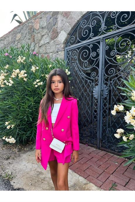 Gold Düğmeli Blazer Ceket Fuşya 12 Yaş