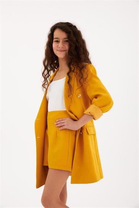 Gold Düğmeli Blazer Ceket Hardal 14 Yaş