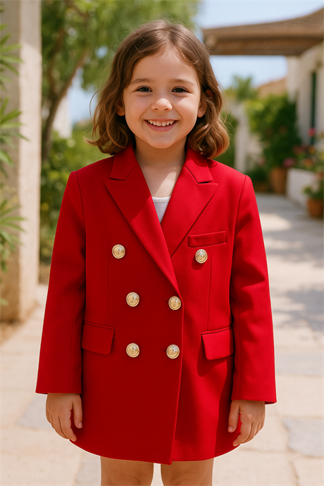 Gold Düğmeli Blazer Ceket Kırmızı 4 Yaş