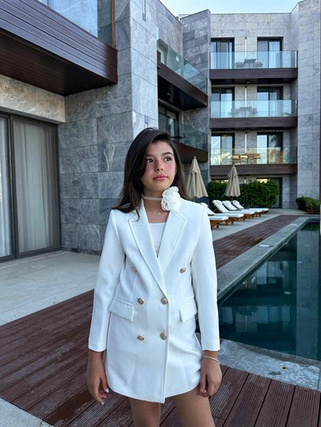 Gold Düğmeli Blazer Ceket Beyaz 10 Yaş