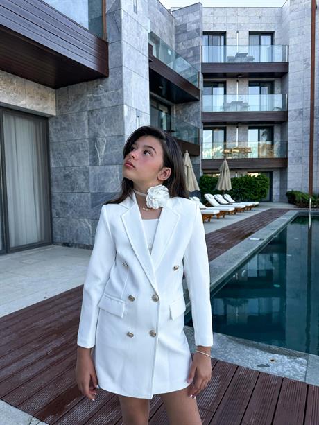Gold Düğmeli Blazer Ceket Beyaz 12 Yaş