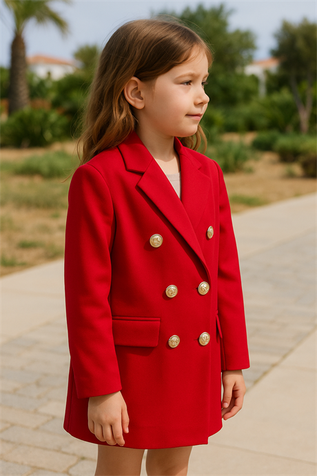 Gold Düğmeli Blazer Ceket Kırmızı 12 Yaş