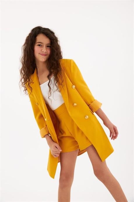 Gold Düğmeli Blazer Ceket Hardal 12 Yaş