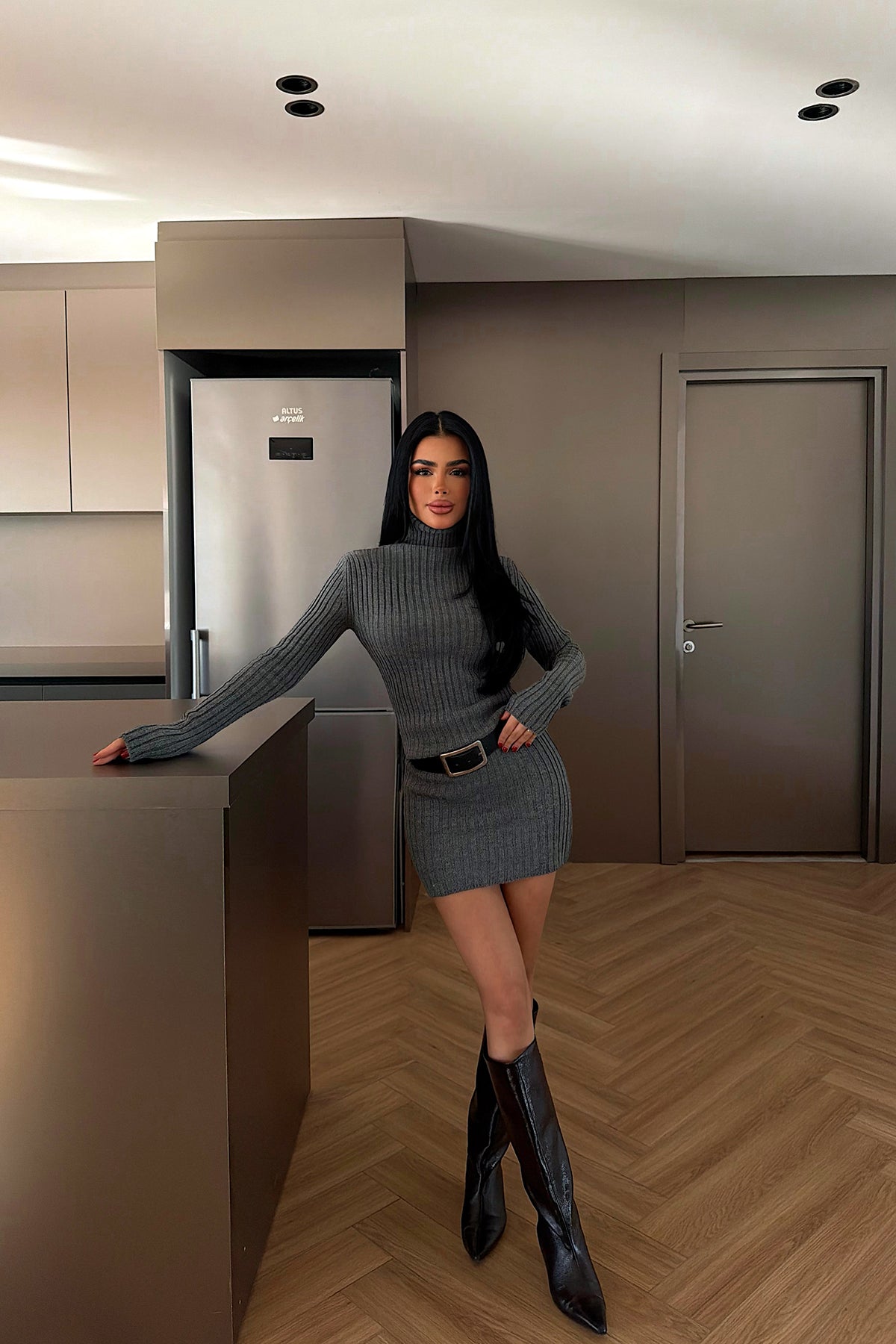 Gri Zurih Triko elbise ATE-4412