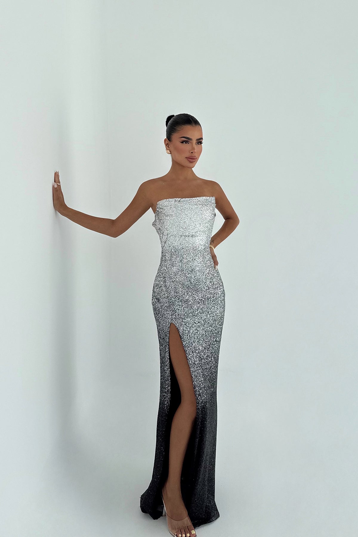 Gri Toulon Uzun Yırtmaçlı Elbise ATE-3077