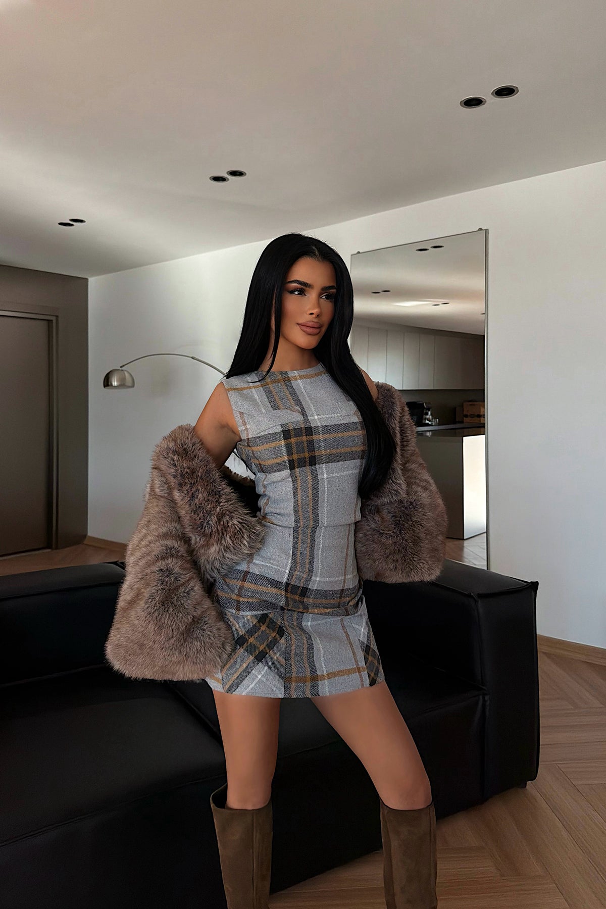 Gri Vera Ekose Elbise ATE-4387