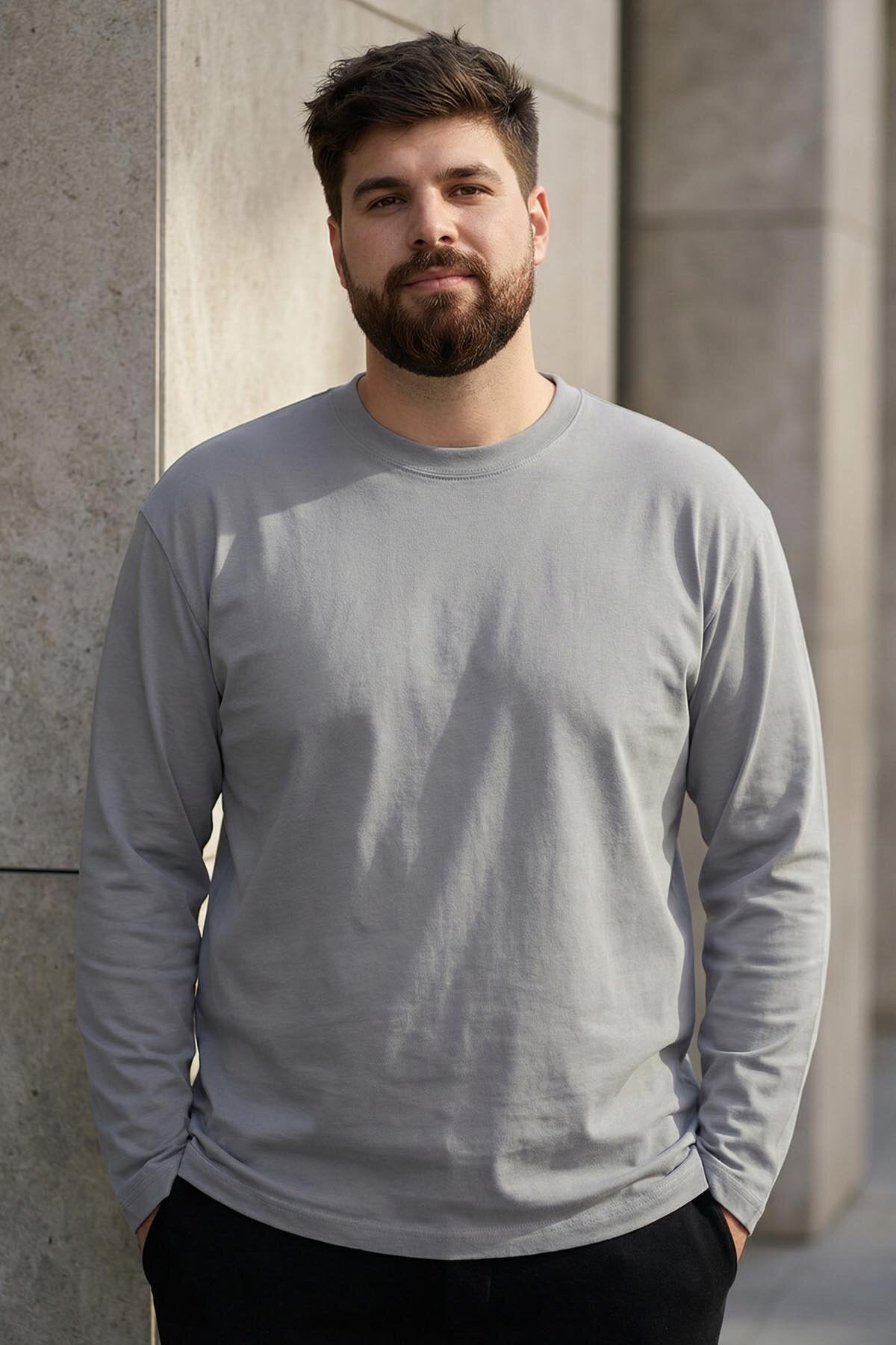 Gri O Yaka Rahat Form Battal Büyük Beden Uzun Kollu Erkek T-Shirt - 88107