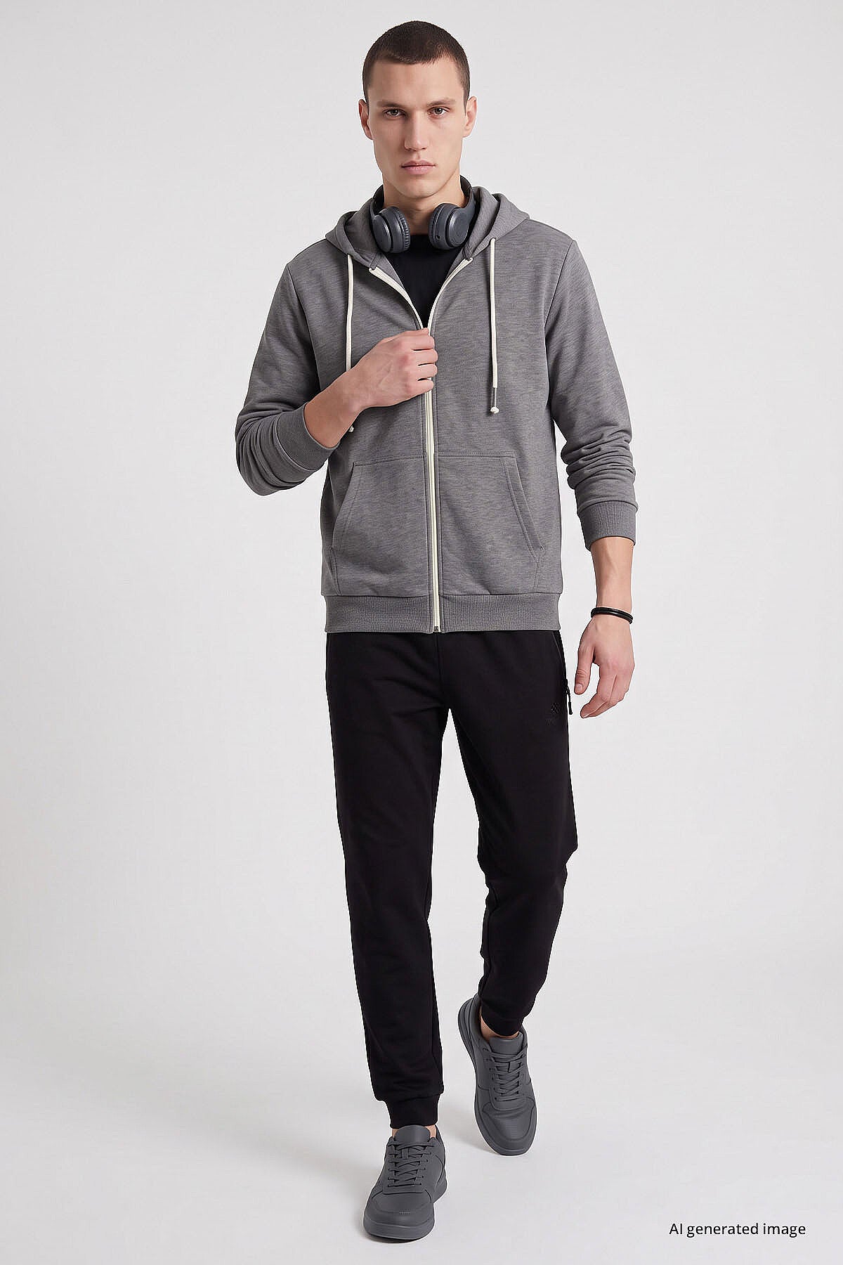 Gri Melanj Standart Kalıp Basic Fermuarlı Erkek Sweatshirt - 88514