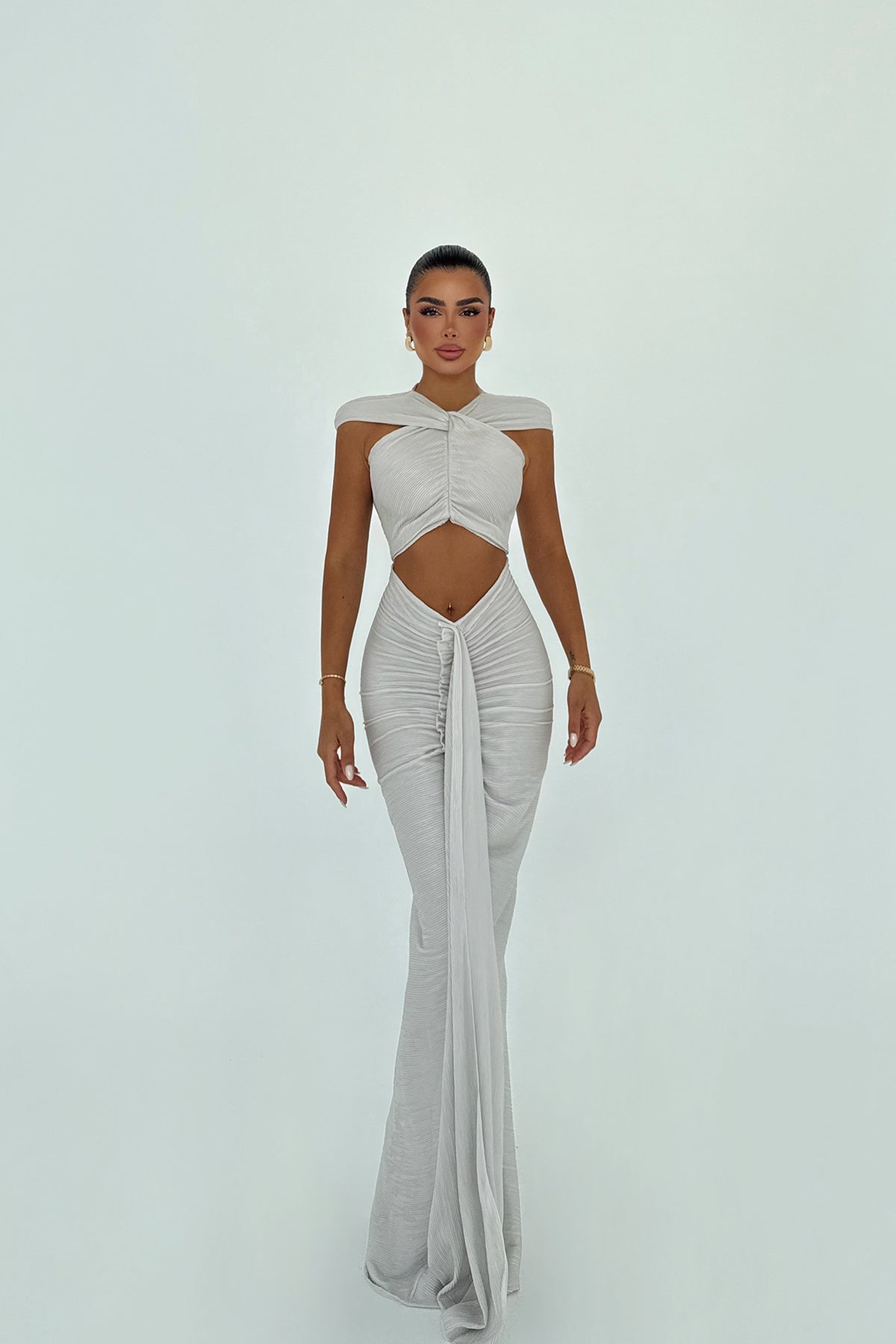 Gri Orleans Uzun Elbise ATE-3053