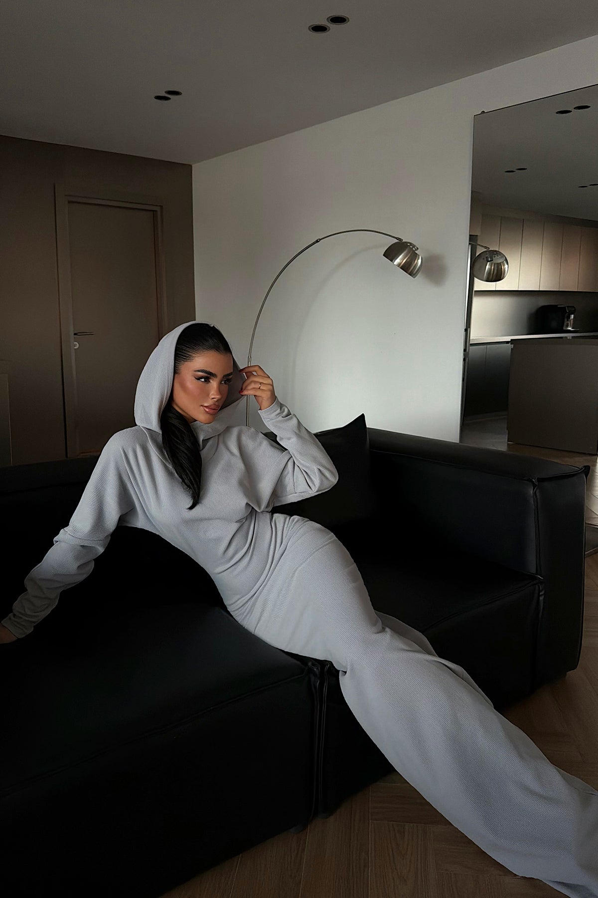 Gri Magma Uzun Kapüşonlu Elbise ATE-4364