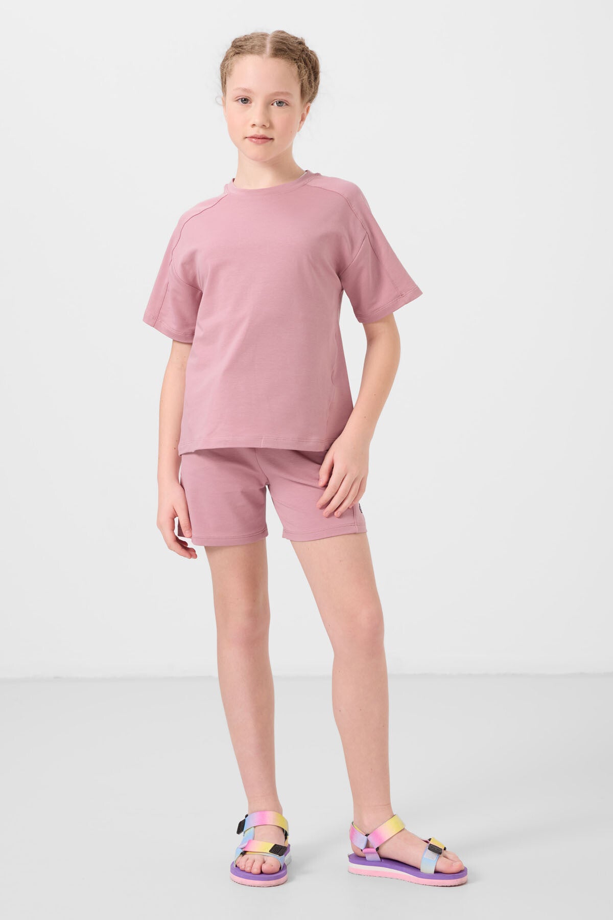 Gül Kurusu Pamuklu Yumuşak Dokulu Standart Fit Basic Kız Çocuk Şort Takım - 75184