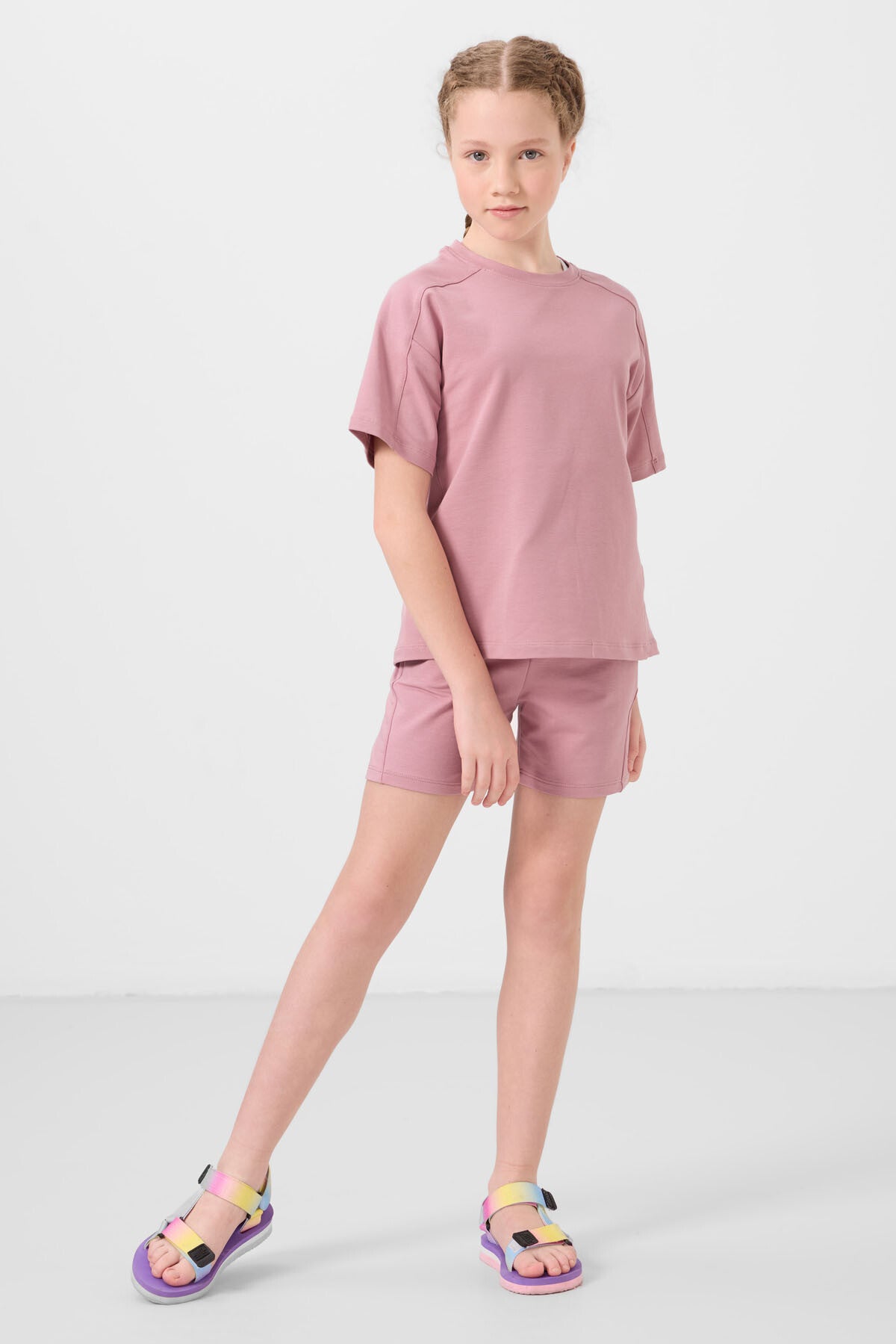 Gül Kurusu Pamuklu Yumuşak Dokulu Standart Fit Basic Kız Çocuk Şort Takım - 75184