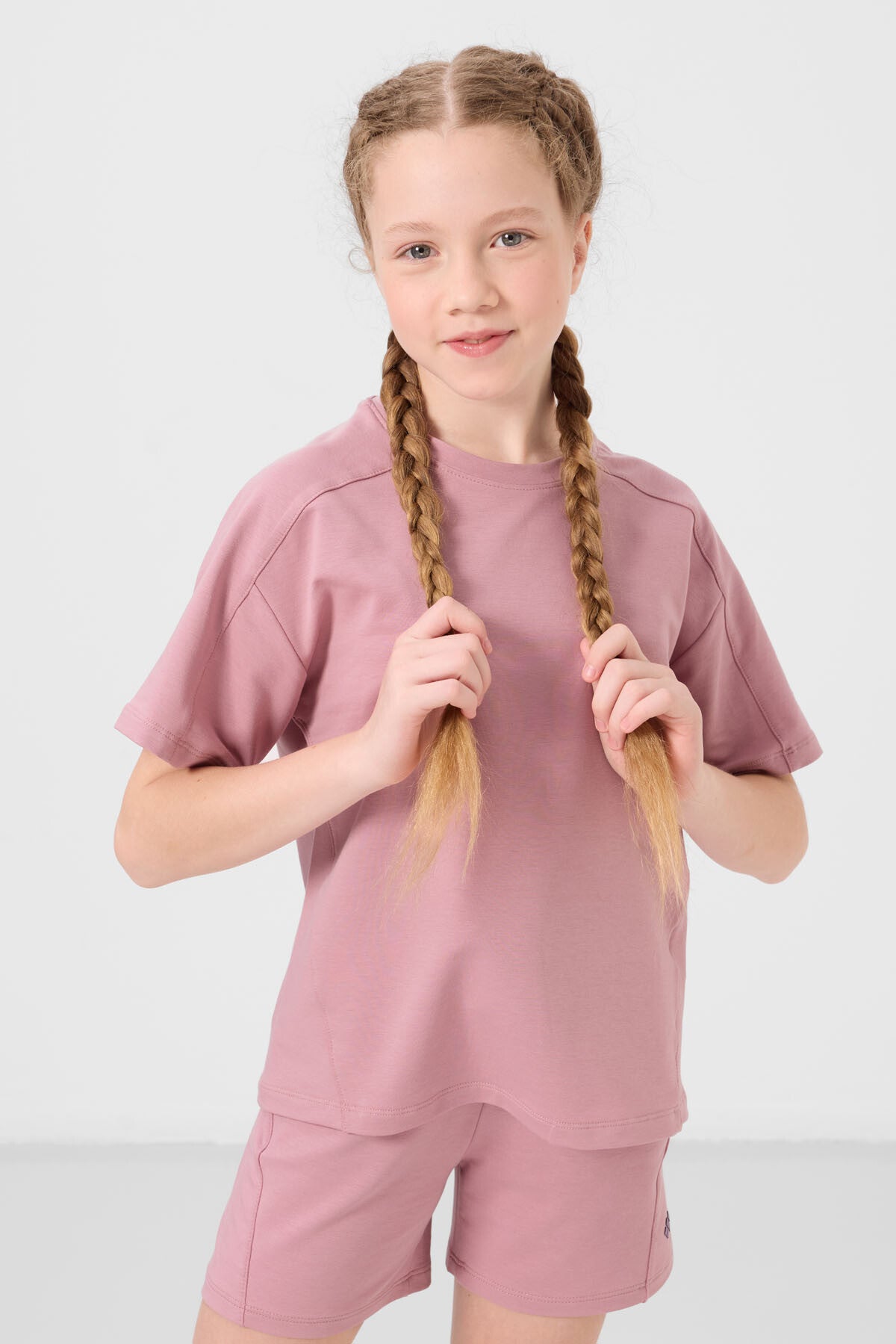 Gül Kurusu Pamuklu Yumuşak Dokulu Standart Fit Basic Kız Çocuk Şort Takım - 75184