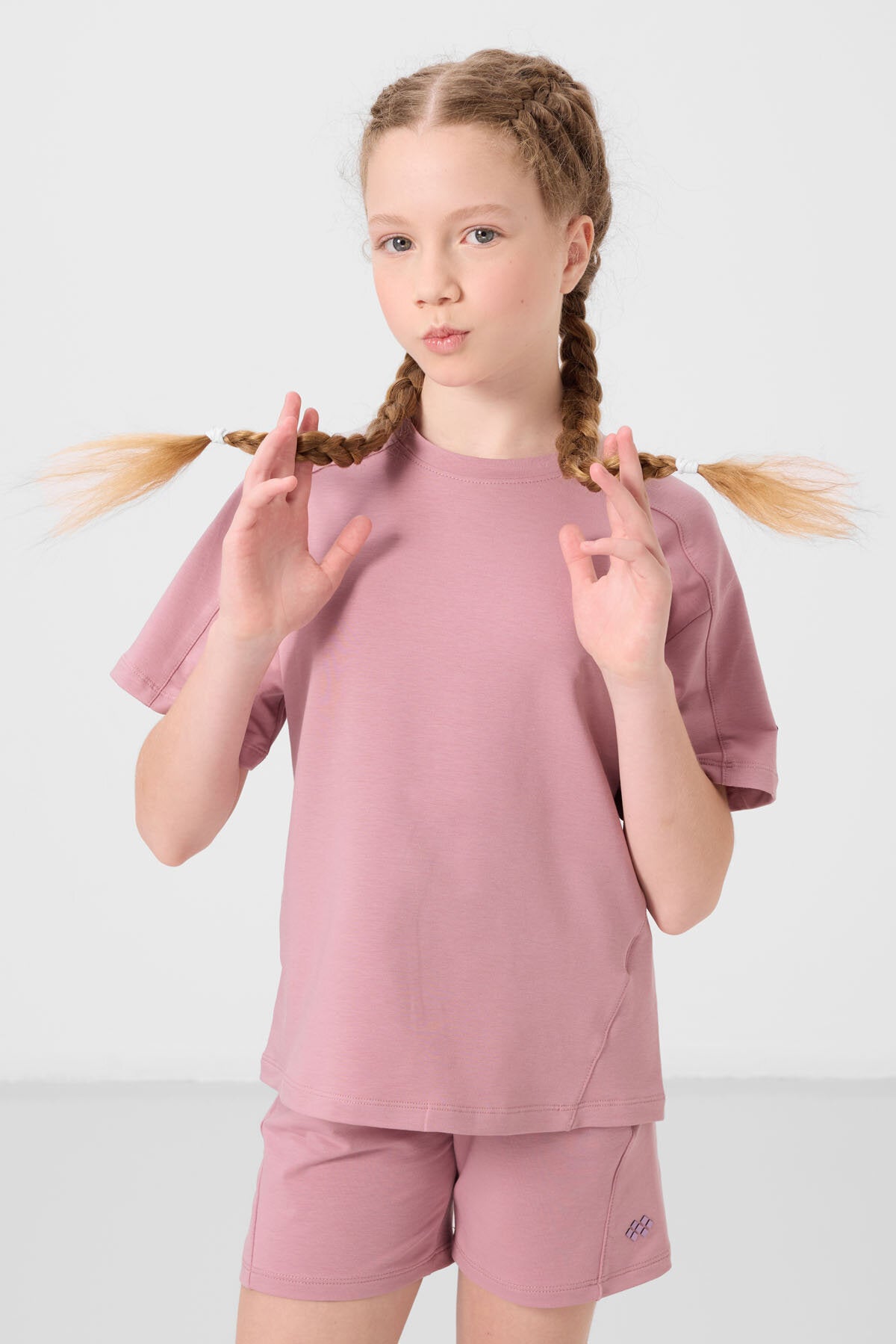 Gül Kurusu Pamuklu Yumuşak Dokulu Standart Fit Basic Kız Çocuk Şort Takım - 75184