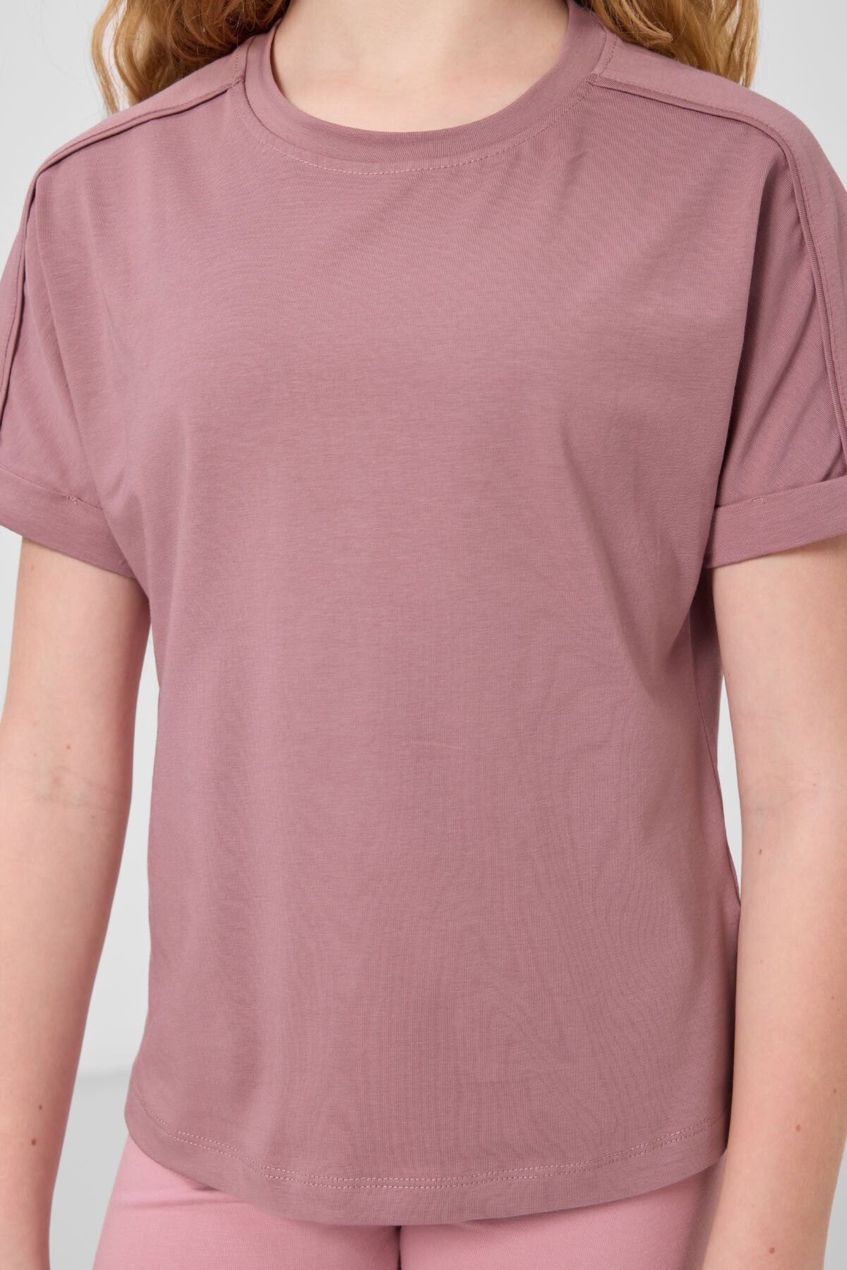 Gül Kurusu Pamuklu O Yaka Oversize Fit Basic Kız Çocuk T-Shirt - 75182