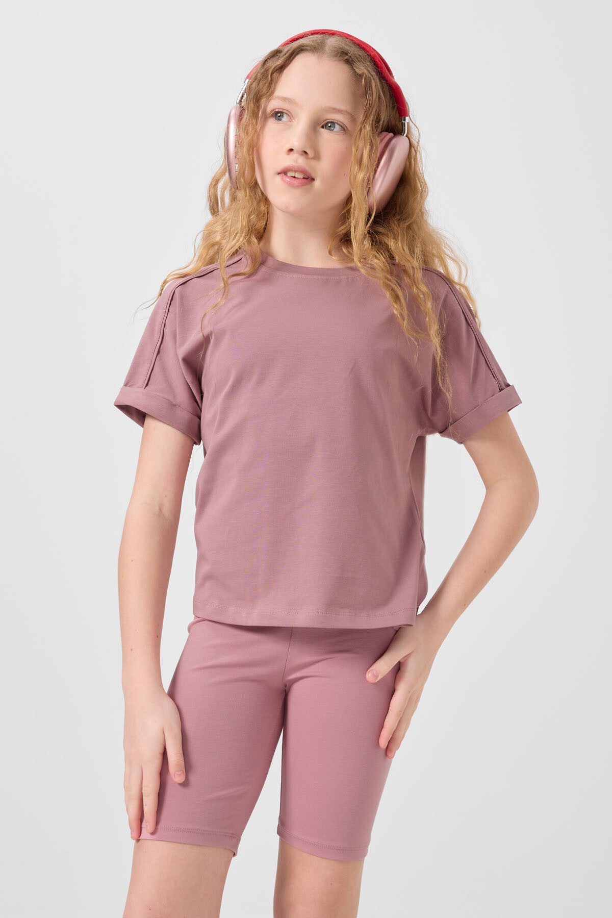 Gül Kurusu Pamuklu O Yaka Oversize Fit Basic Kız Çocuk T-Shirt - 75182