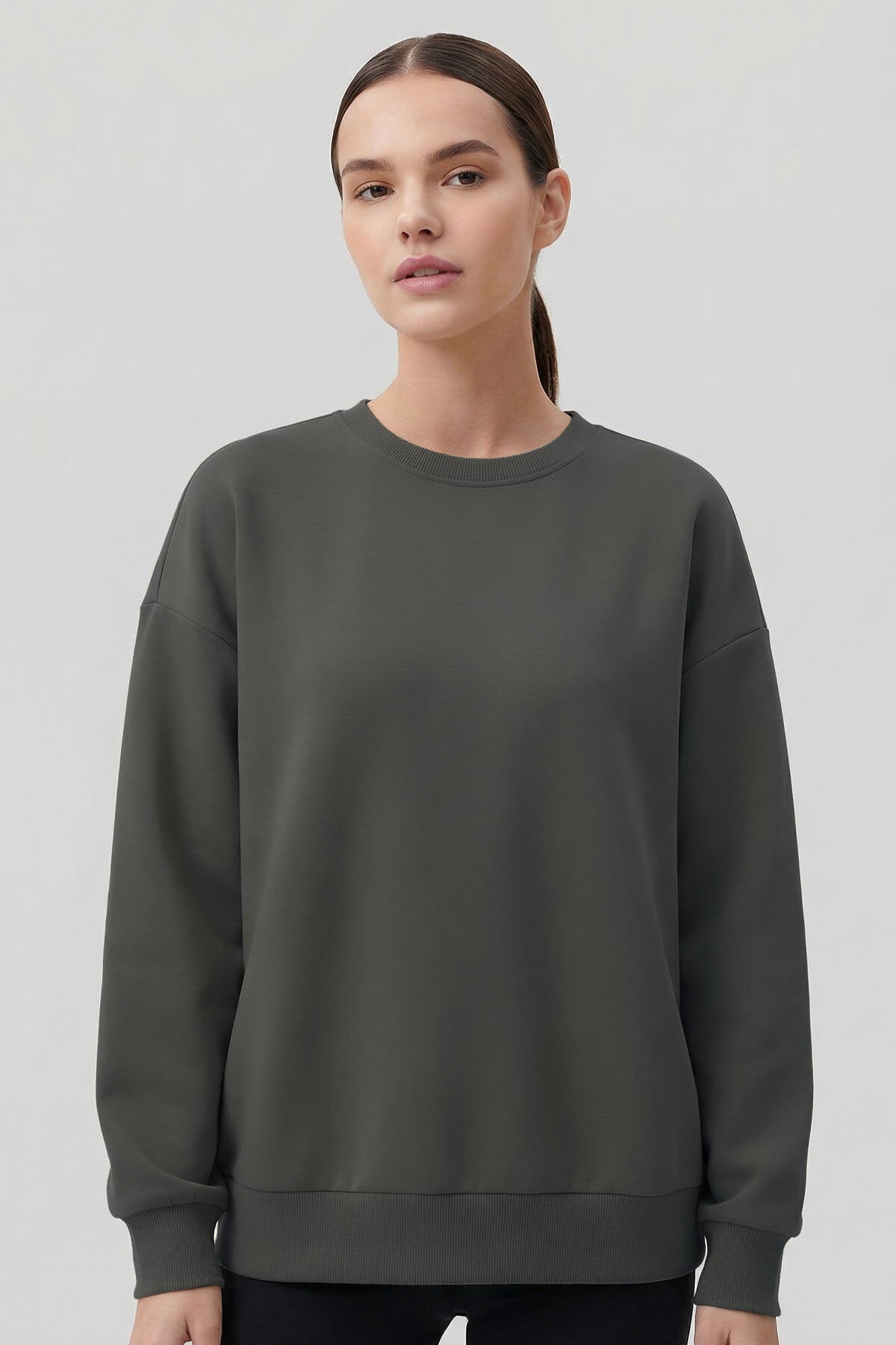Haki Basic O Yaka Oversize Kadın Sweatshirt - 97053