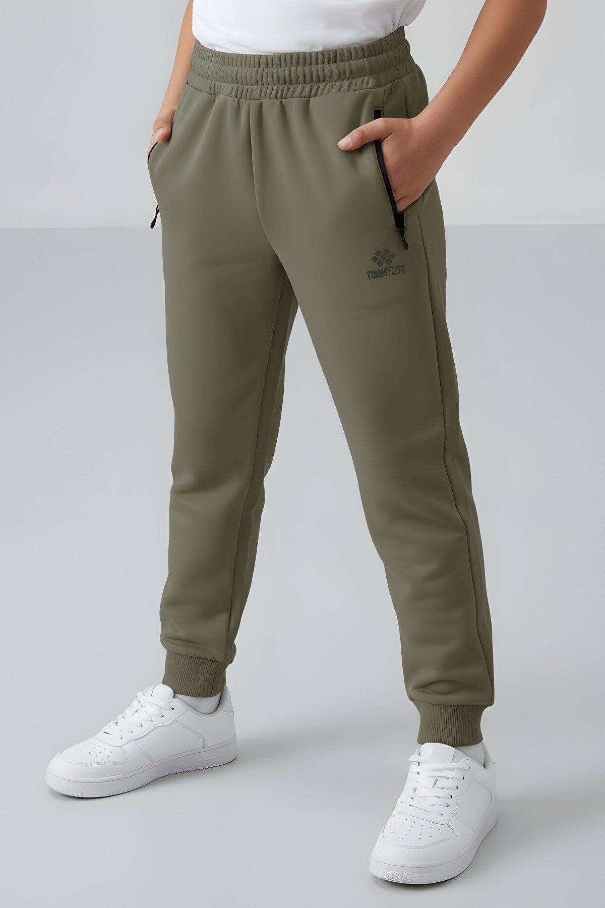 Haki Fermuarlı Standart Fit İnce Erkek Çocuk Eşofman Alt - 64042