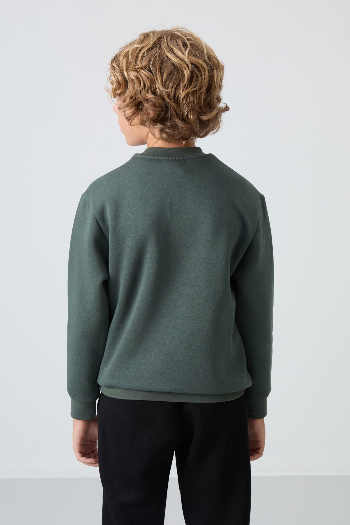 Haki Pamuklu Kalın İçi Tüylü Yumuşak Dokulu Standart Fit Baskılı Erkek Çocuk Sweatshirt - 11216