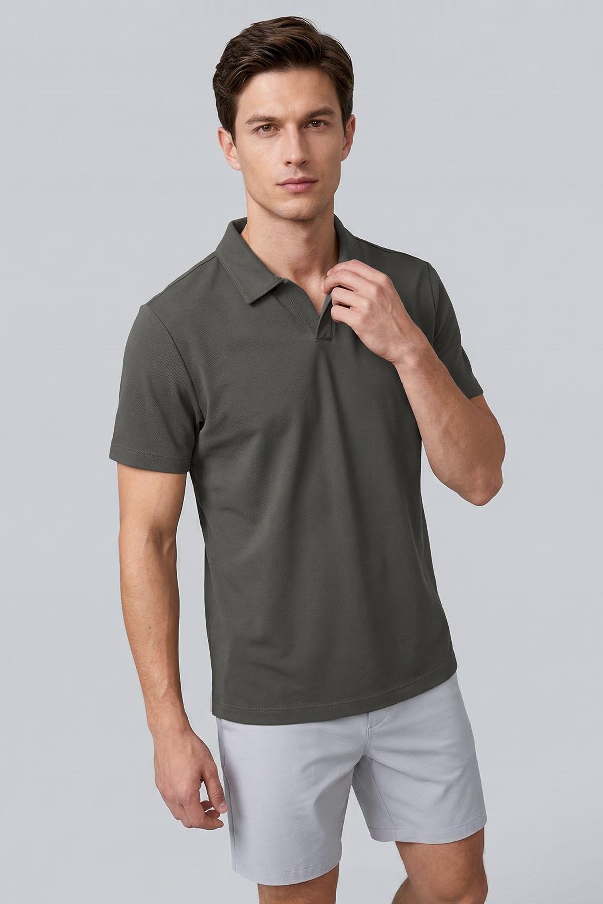 Khaki Relaxed-Fit Soft-Textured Polo-Collar Men’s T-Shirt - 88496