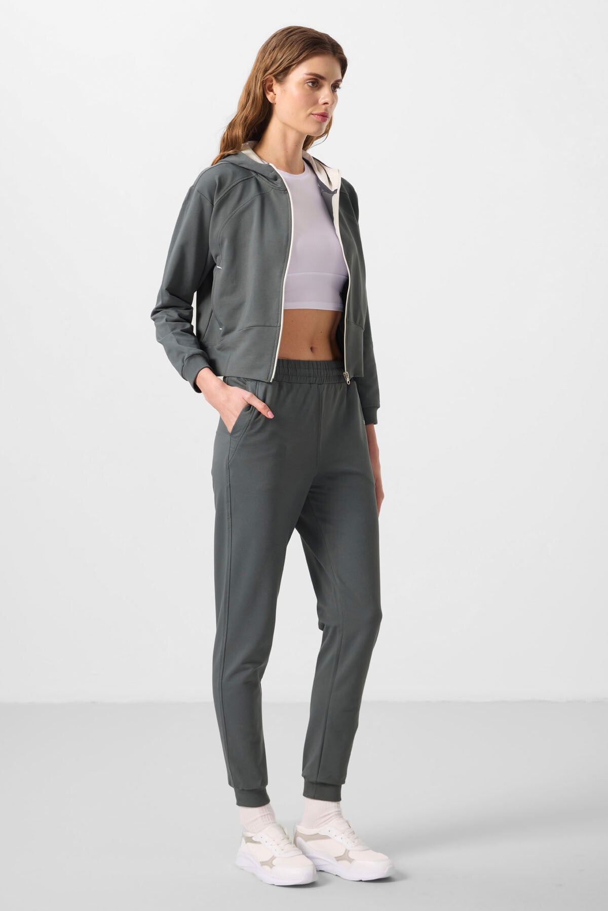 Haki Kapüşonlu Fermuarlı Oversize Kadın Eşofman Takım - 95328