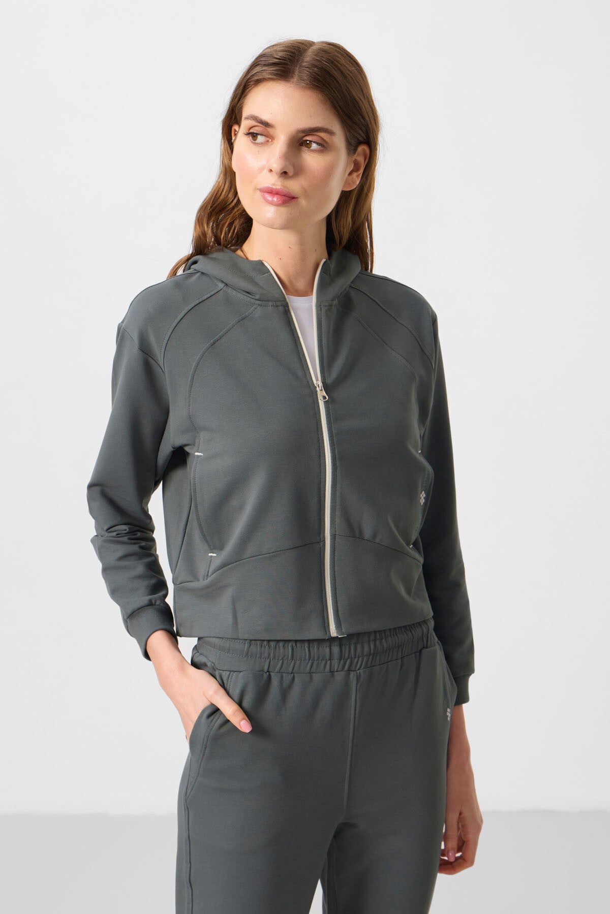 Haki Kapüşonlu Fermuarlı Oversize Kadın Eşofman Takım - 95328