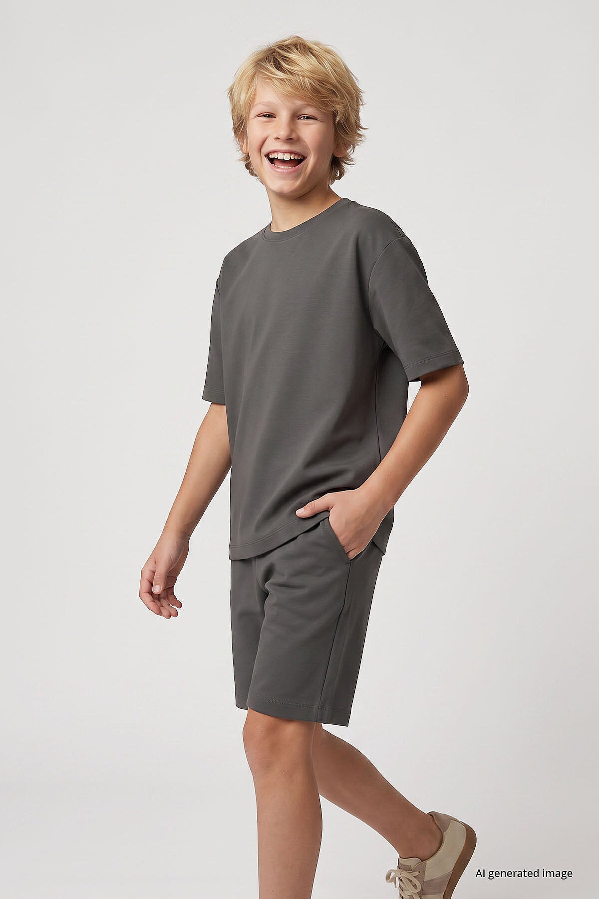 Haki Oversize Fit Basic Erkek Çocuk Şort Takım - 11335