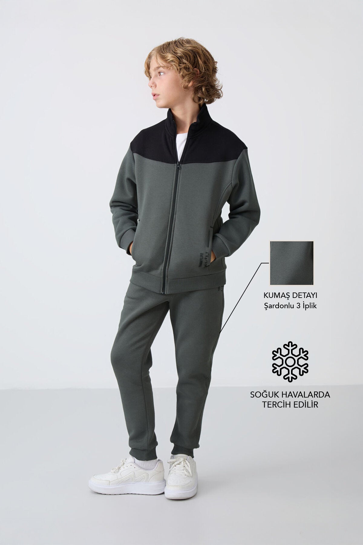 Haki Pamuklu Kalın İçi Tüylü Yumuşak Dokulu Standart Fit Nakışlı Erkek Çocuk Eşofman Takım - 11240