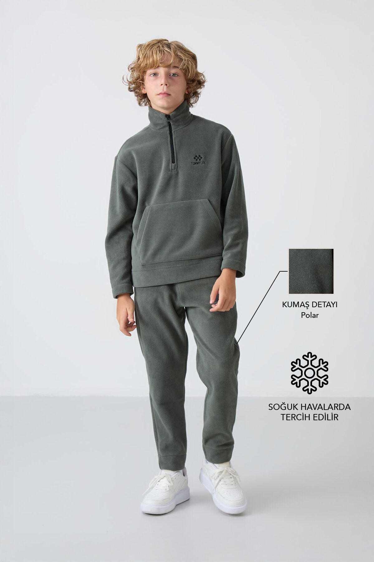 Haki Kalın Yumuşak Dokulu Standart Fit Nakışlı Polar Erkek Çocuk Eşofman Takım - 11218