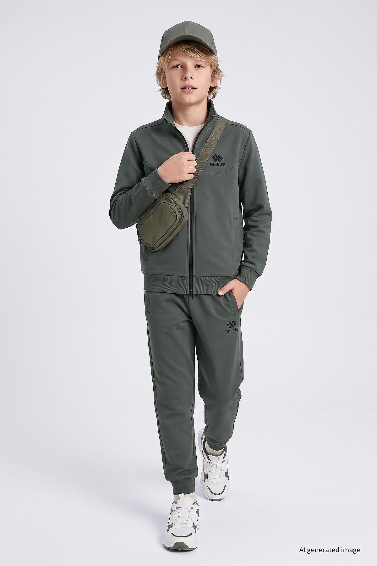 Haki Standart Fit Basic Dik Yaka Jogger Erkek Çocuk Eşofman Takım - 11327
