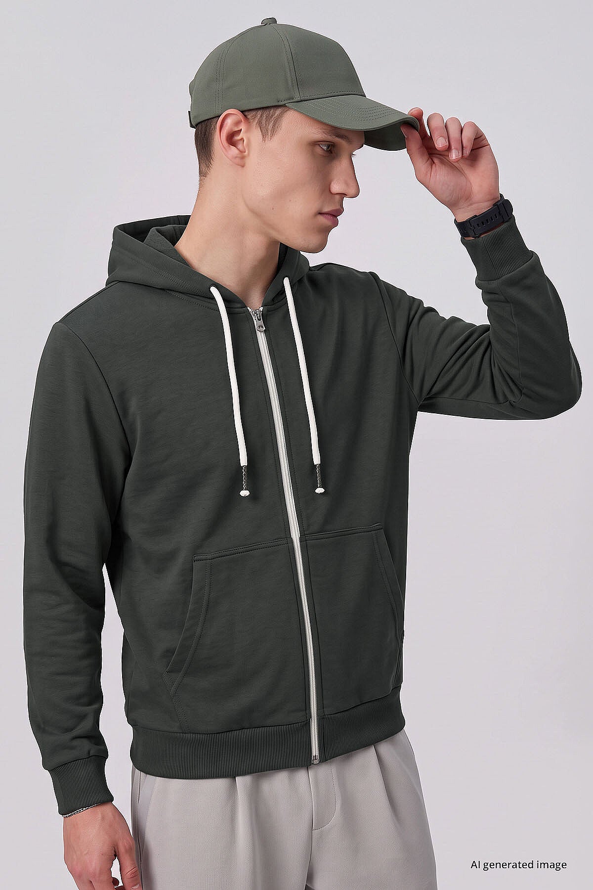 Haki Standart Kalıp Basic Fermuarlı Erkek Sweatshirt - 88514