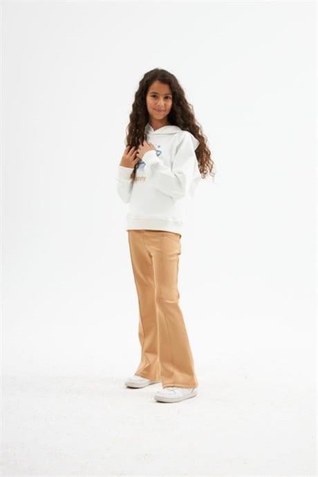 Hilal Akinci Kids Kız Çocuk Tasarım Baskılı Beyaz Sweatshirt İspanyol Paça 2'li Takım Kahverengi 12 Yaş