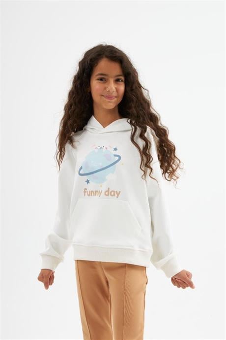 Hilal Akinci Kids Kız Çocuk Tasarım Baskılı Beyaz Sweatshirt İspanyol Paça 2'li Takım Kahverengi 12 Yaş