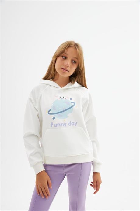 Hilal Akinci Kids Kız Çocuk Tasarım Baskılı Beyaz Sweatshirt İspanyol Paça 2'li Takım