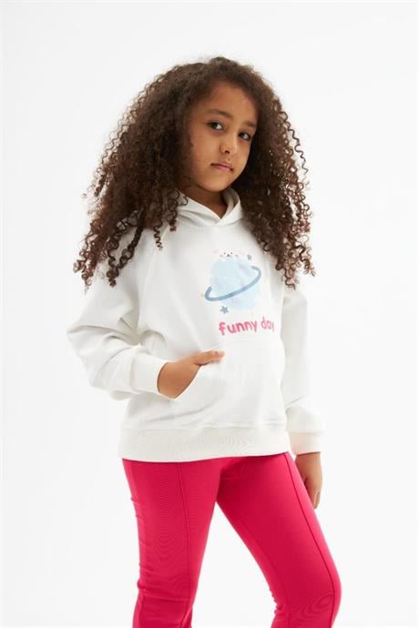 Hilal Akinci Kids Kız Çocuk Tasarım Baskılı Beyaz Sweatshirt İspanyol Paça 2'li Takım Pembe 6 Yaş