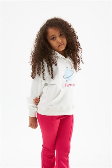 Hilal Akinci Kids Kız Çocuk Tasarım Baskılı Beyaz Sweatshirt İspanyol Paça 2'li Takım Pembe 4 Yaş