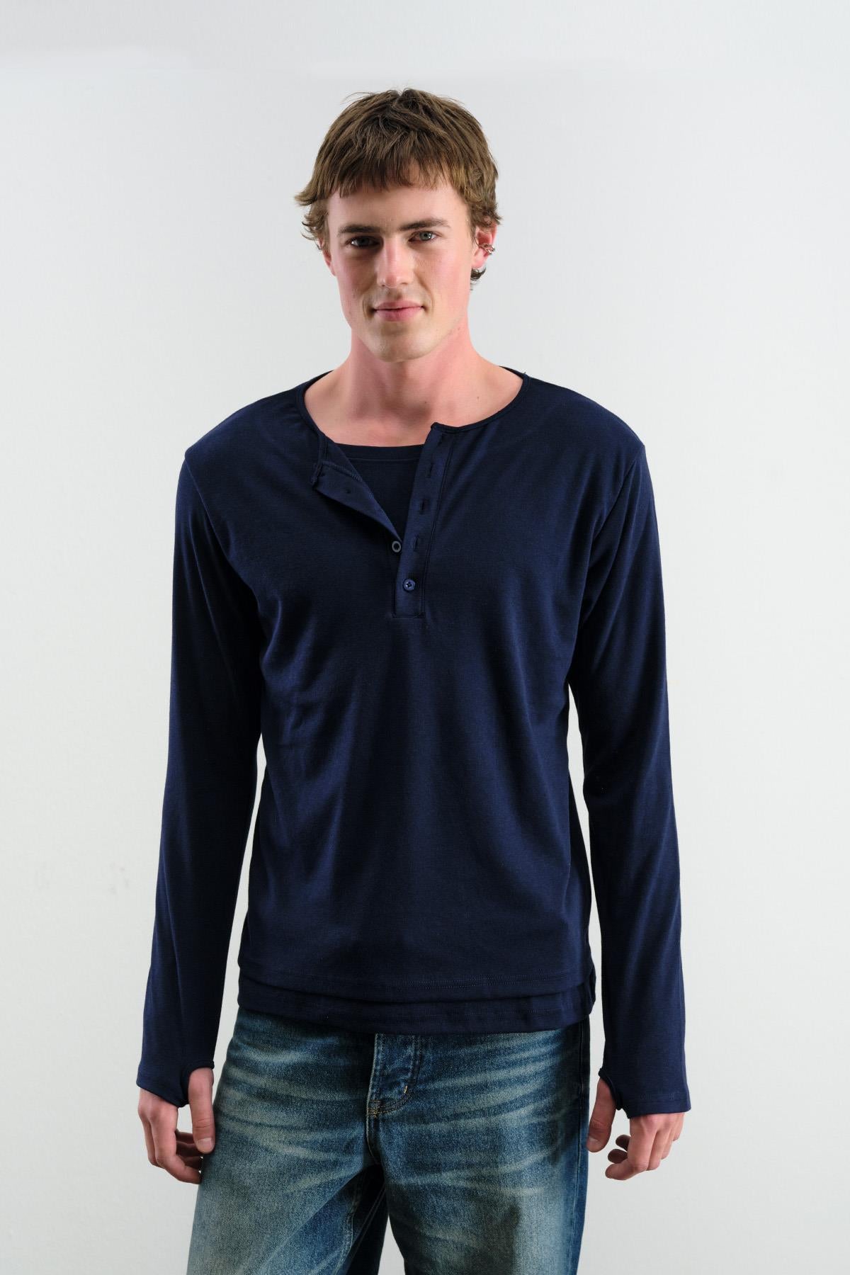İÇİ ATLETLİ UZUN KOL LACİVERT T-SHIRT