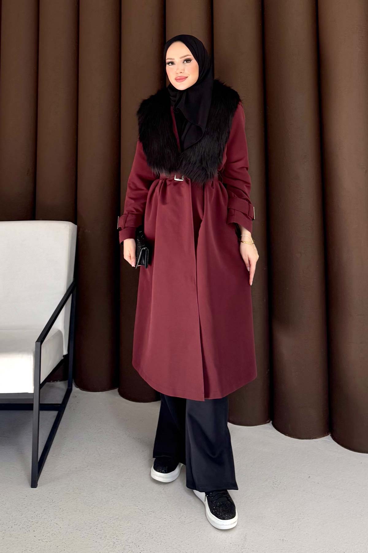 Kürklü Uzun Trençkot 32-3724