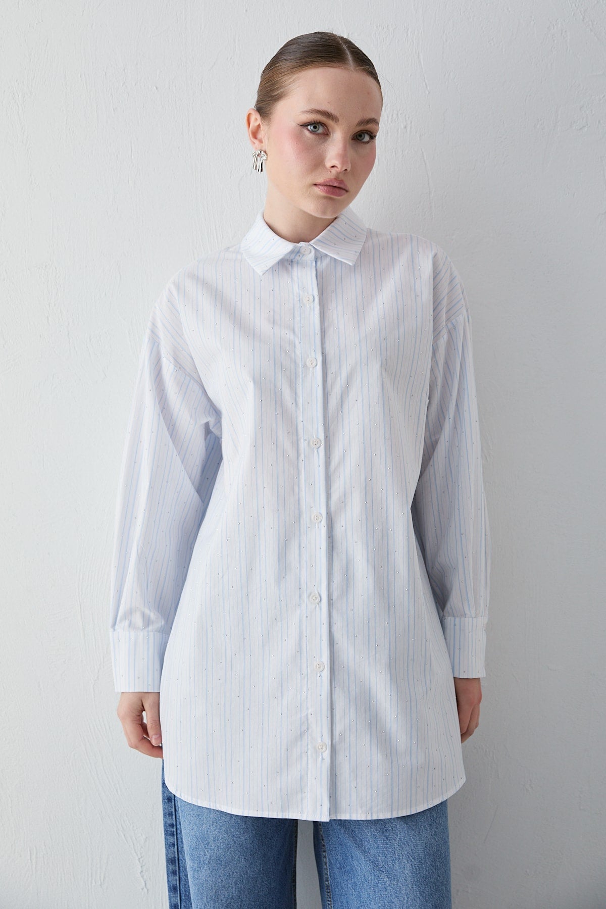 Çizgili Taşlı Poplin Gömlek 22-5466-1