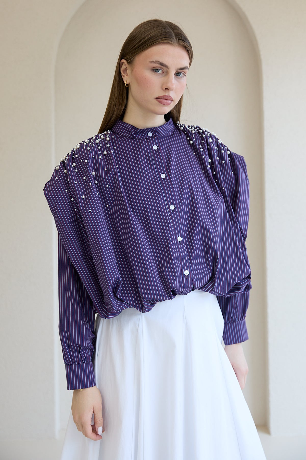 İncili Çizgili Gömlek 32-2837