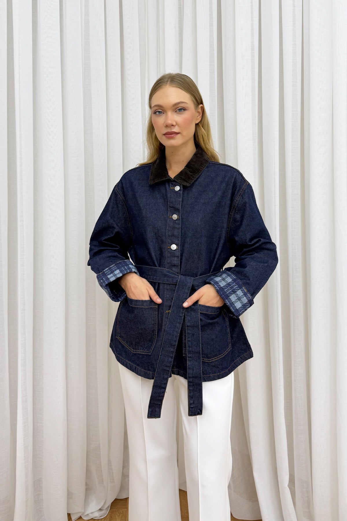 Ekose Desenli Denim Ceket 86-0277