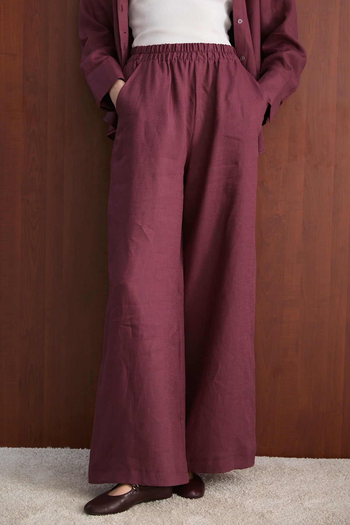 Keten Pantolon 32-2765-1 Bordo Kadın Pantolon