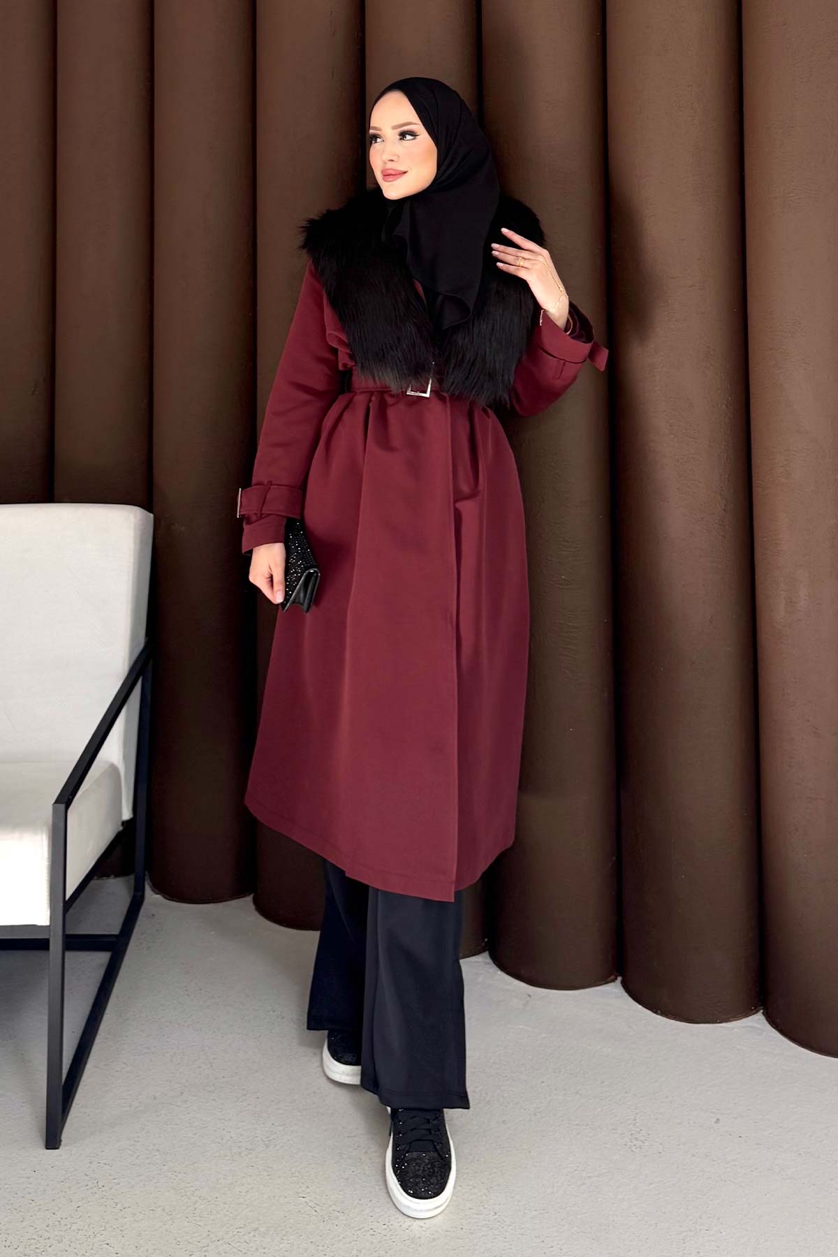 Kürklü Uzun Trençkot 32-3724