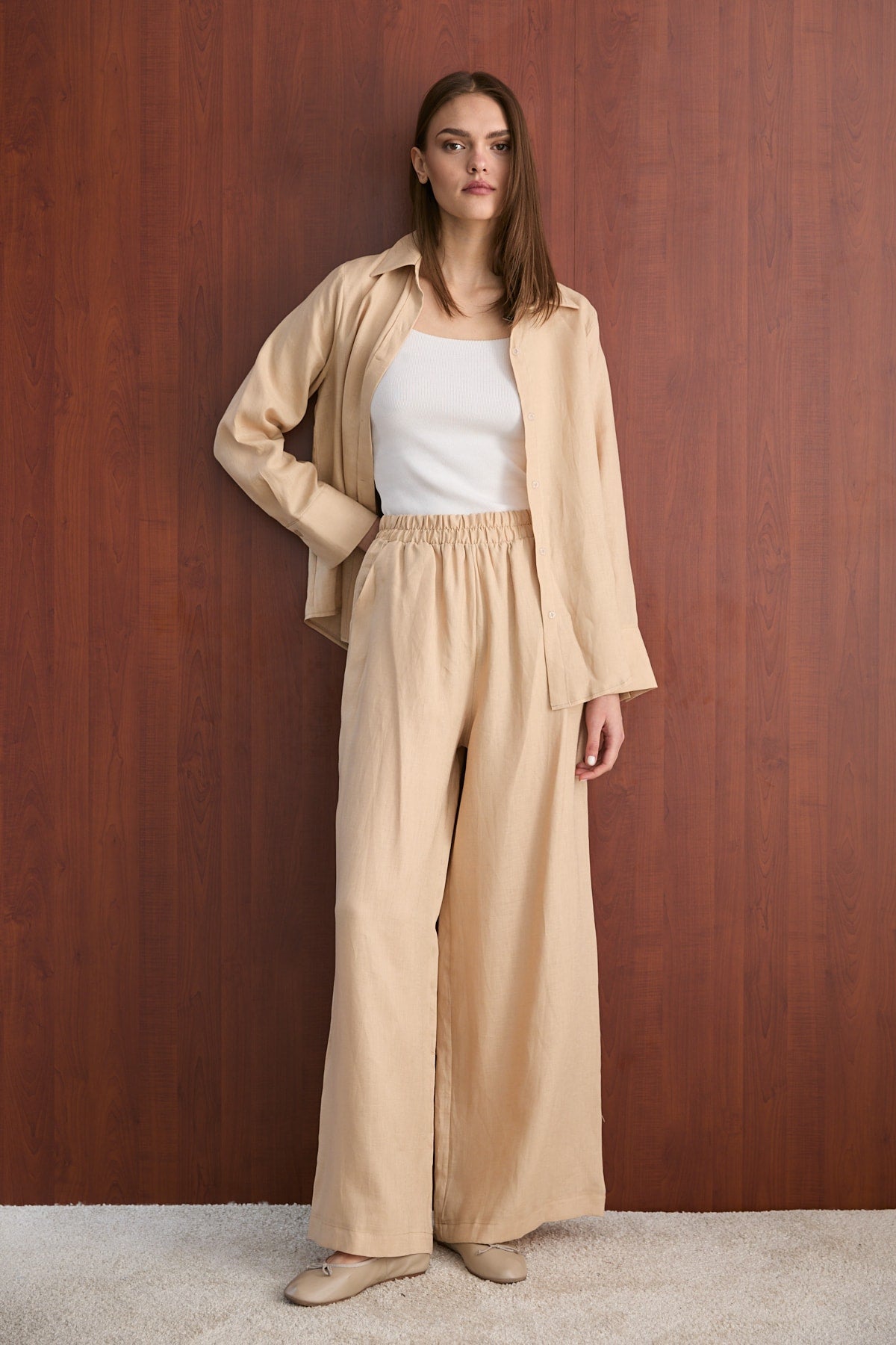 Keten Pantolon 32-2765-1 Bej Kadın Pantolon