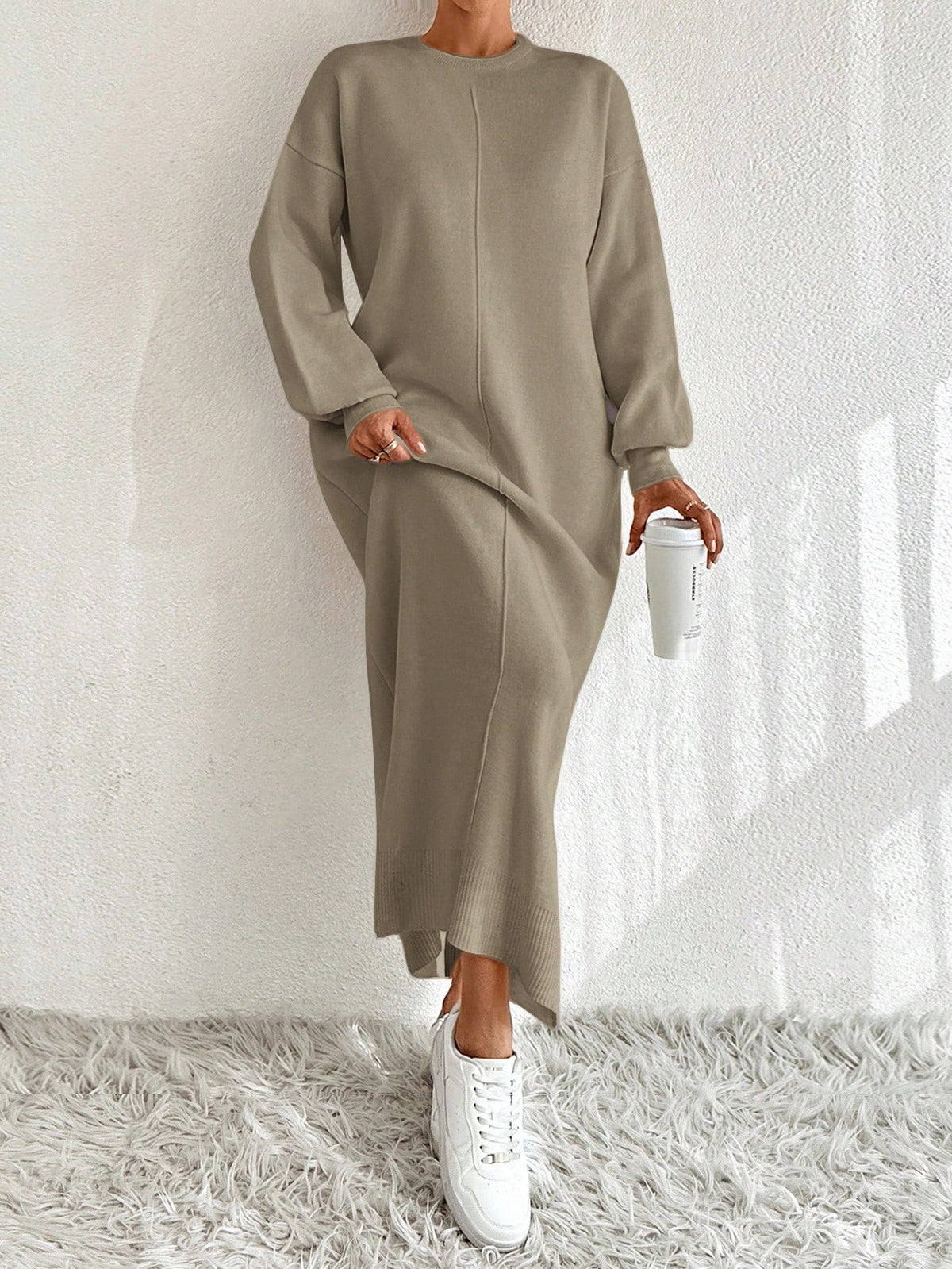 Örgü Dikişli Balon Kol Elbise