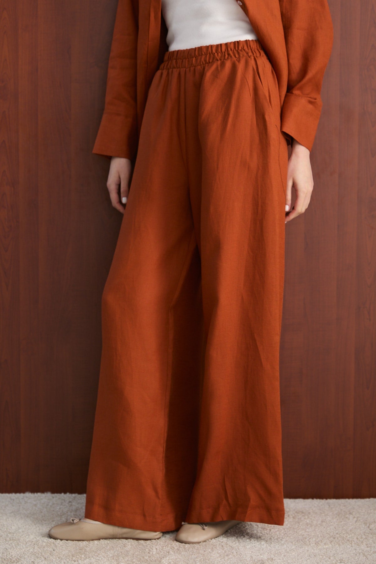 Keten Pantolon 32-2765-1 Kiremit Kadın Pantolon