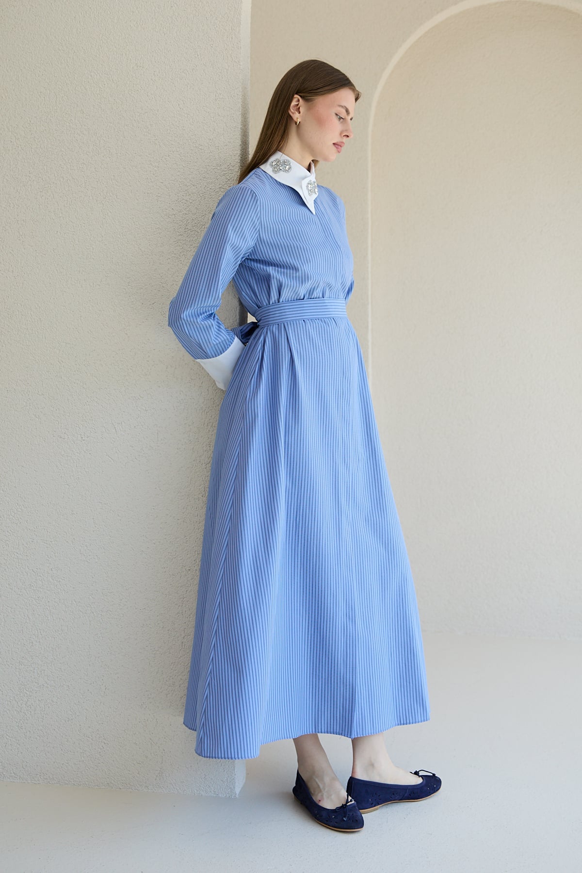 Yakası Taşlı Gömlek Elbise 32-2760