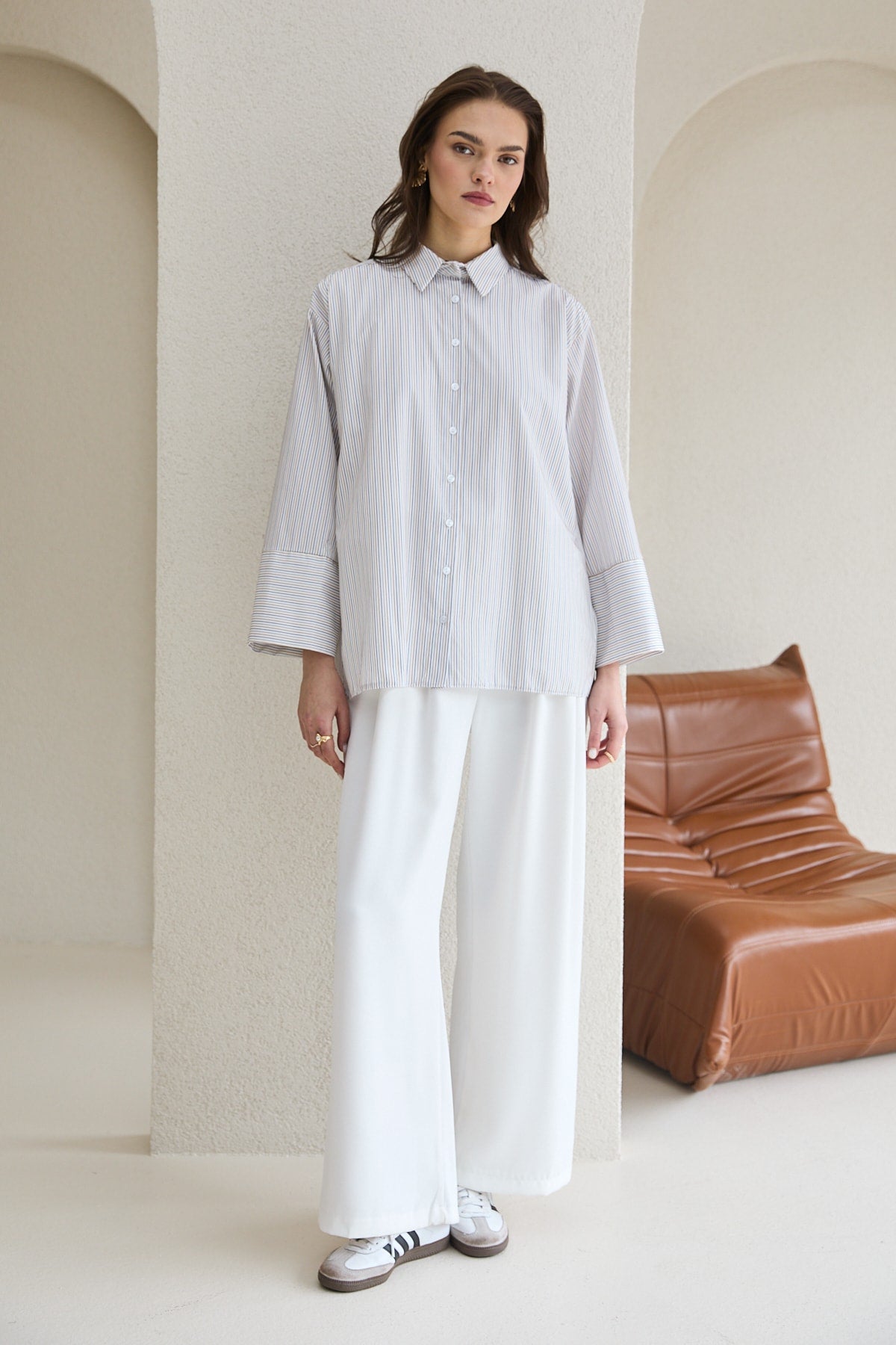 Oversize Çizgili Gömlek 32-2812