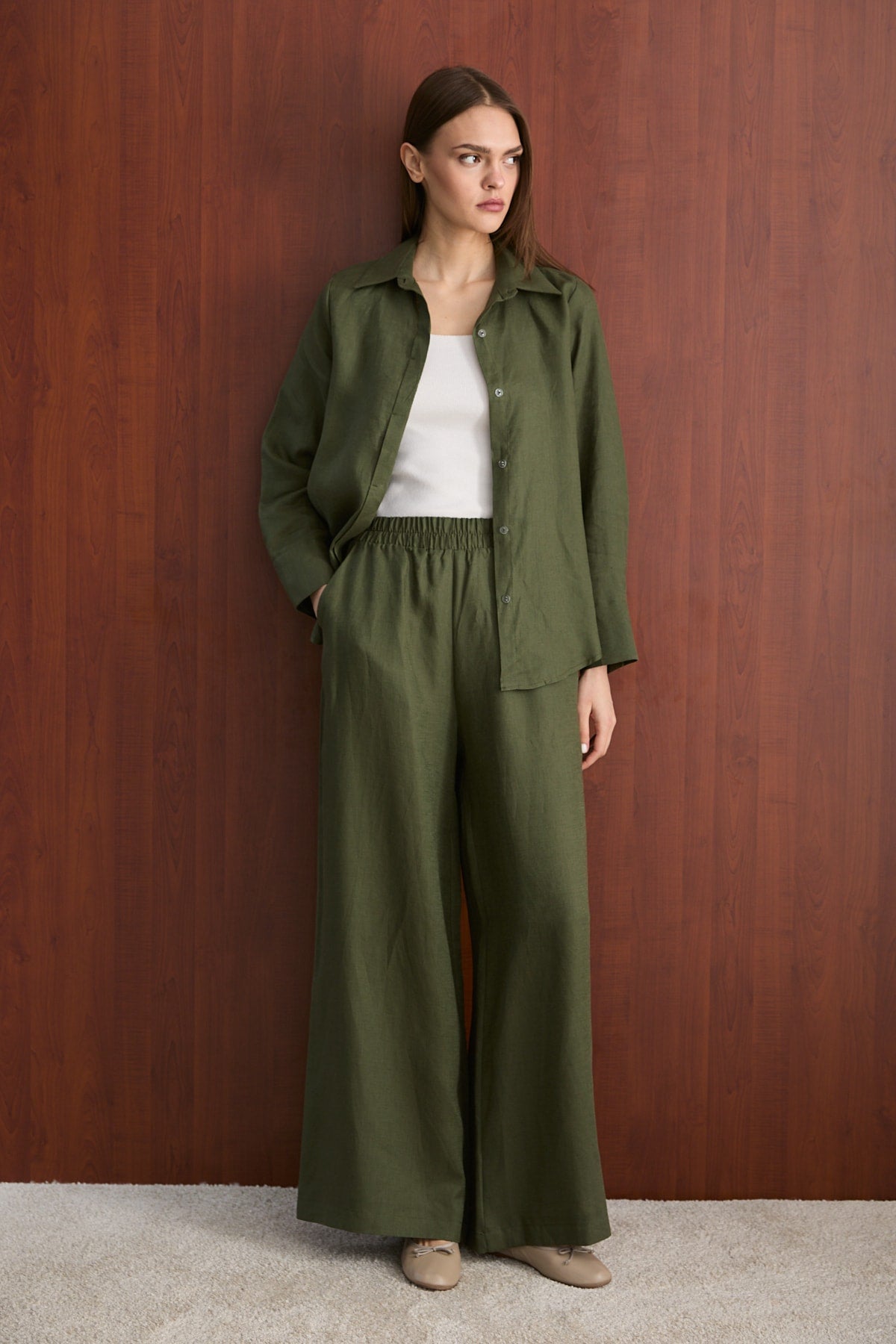Keten Pantolon 32-2765-1 Haki Kadın Pantolon