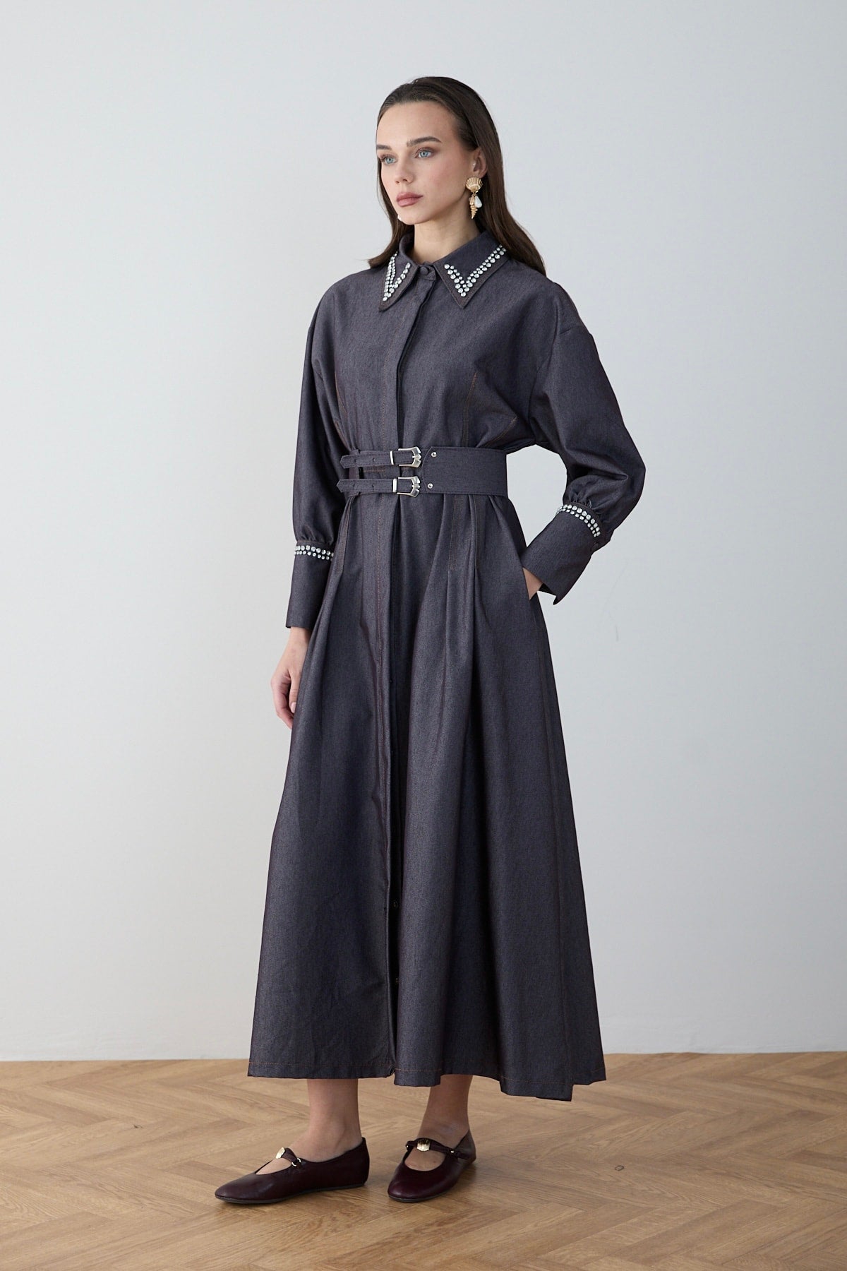 Taşlı Denim Elbise 32-2797